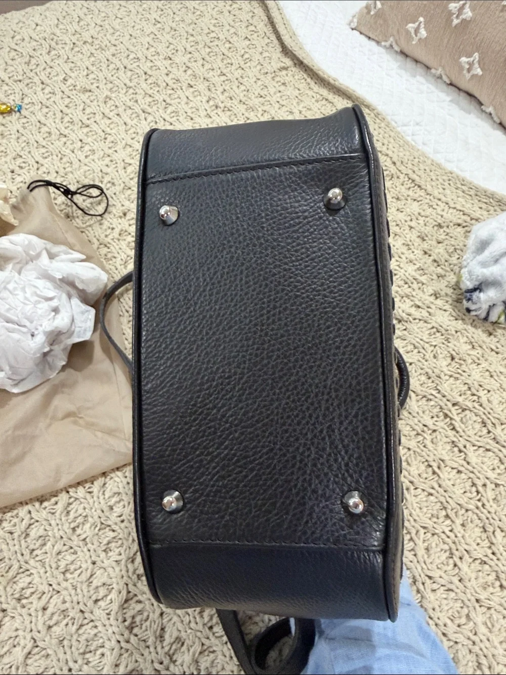 Roberta M Black Leather Top-Handle Bag with long strap for crossbody